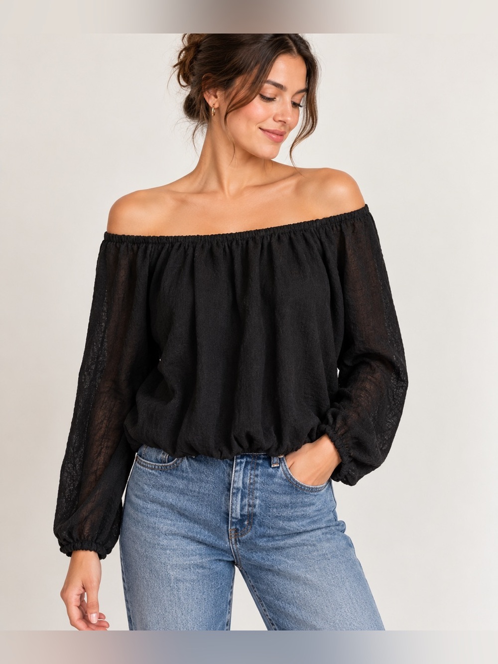 LINE Black Linen Blend Off Shoulder Blouse | Size Large